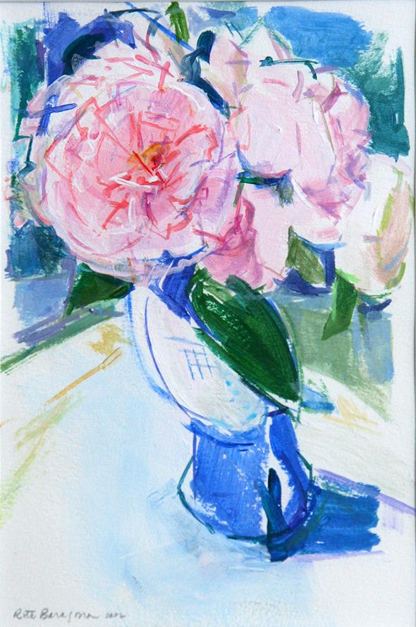 Ruth Baragona: "Still Life with Pink Flowers", 2002, Acrylic on Paper, 7" x 4.5", Signed Lower Left, Framed.