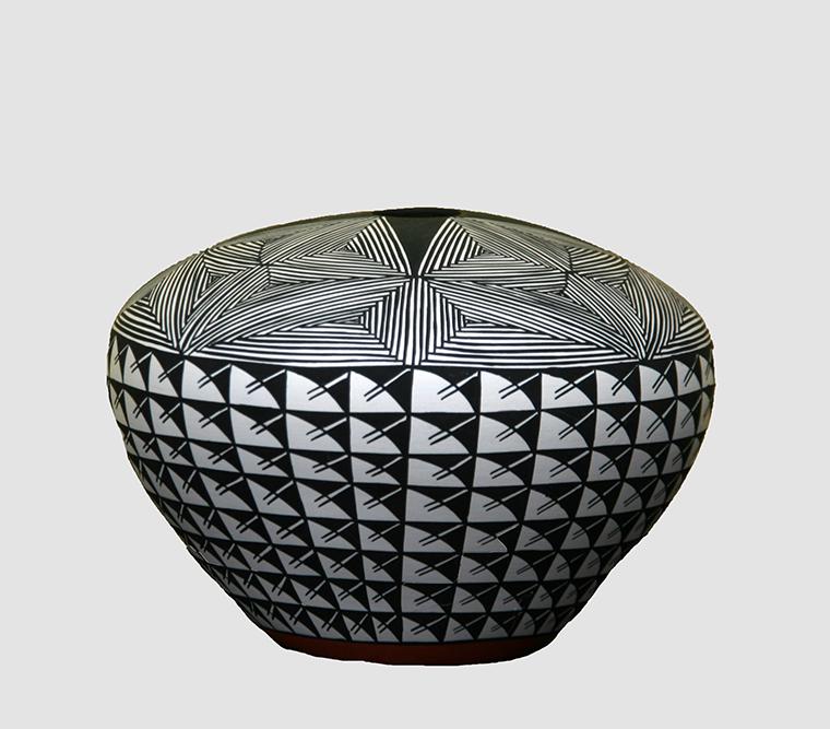 M.L. Shroulote (20th Century): Acoma Pueblo Pottery, 20th Century, Black and White Geometric Polychromed Fired Clay, 5.5" H x 7" D, Signed on Bottom.