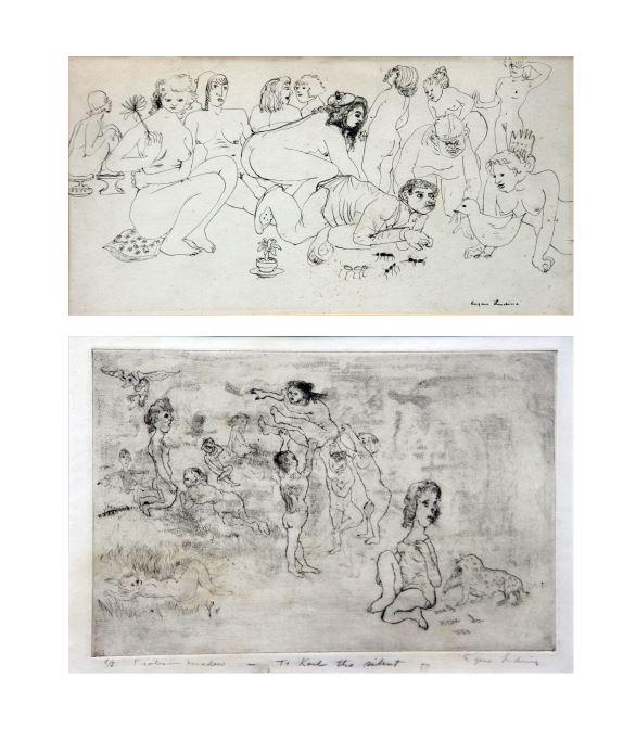 Eugene Ludins (1904-1996): Lot of Two: "Nude Models", c. 1980, Ink on Paper, 7.5" x 14", Signed Lower Right, Framed; "Frolic in Meadow", c. 1980, Etching, 8" x 12", Signed Lower Right, Framed. B inscribed "To Karl (Fortess) the