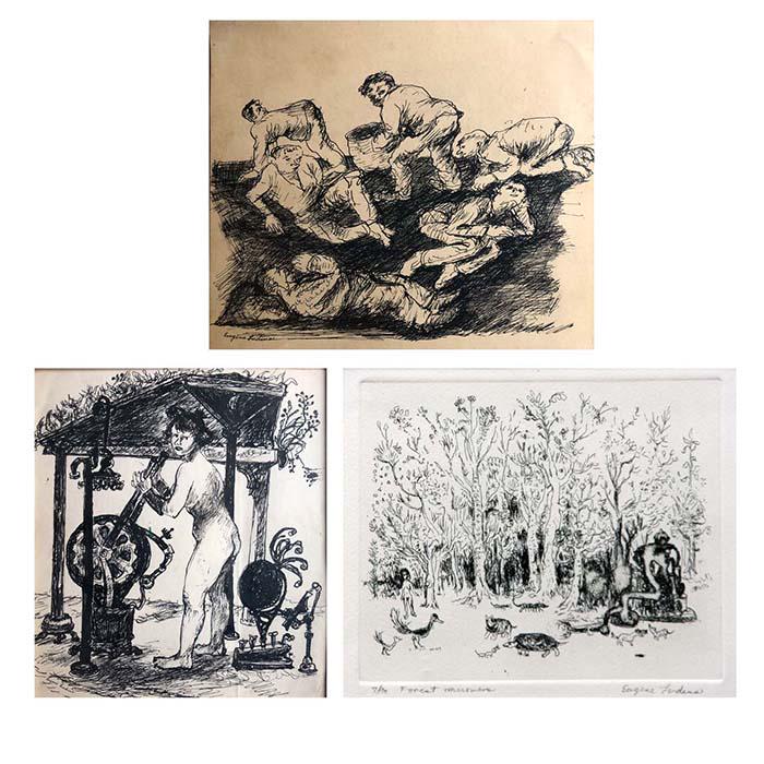 Eugene Ludins (1904-1996): Lot of Three: "Workers at Rest", Ink on Paper, 5.5" x 6.5", Signed Lower Left; "Lucille Blanch at Nork", Ink on Paper, 6" x 5.5", Signed Lower Left; "Forest Murmurs", Etching, 6" x 75", Edition 7/10, 