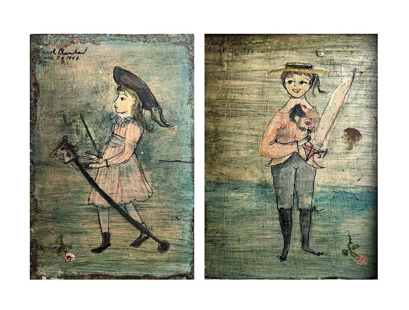 Carol Blanchard (b. 1918): Lot of Two: "Stick Pony - Washington Square", 1946, Ink and Watercolor on Board, 6" x 4", Signed Upper Left / "Girl with a Sailboat", 1946, Watercolor on Board, 6" x 4", Framed. Signed Upper Left. Ins
