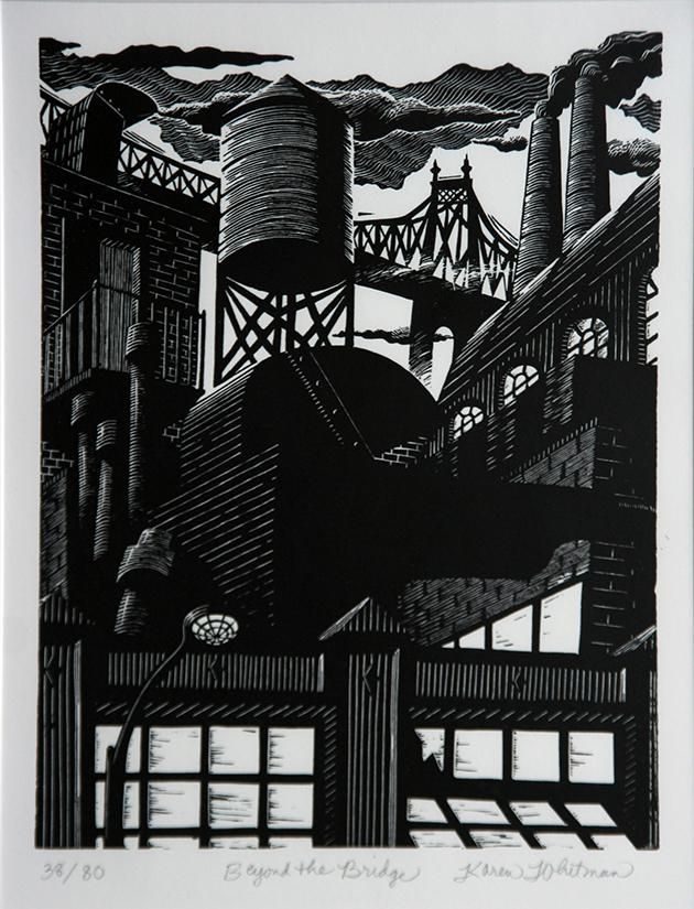 Karen Whitman (20th Century): "Beyond the Bridge", c. 2000, Linocut, 12" x 8.75", Signed Lower Right, Edition 38/80, Framed. Artist's "select resume" on verso.