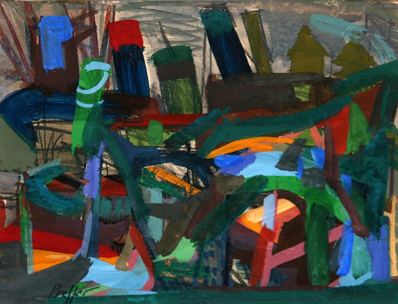 Josef Presser (1906-1967): "Abstract City", c. 1960, Gouache on Paper, 7.25" x 9. 25", Signed Lower Left, Framed.