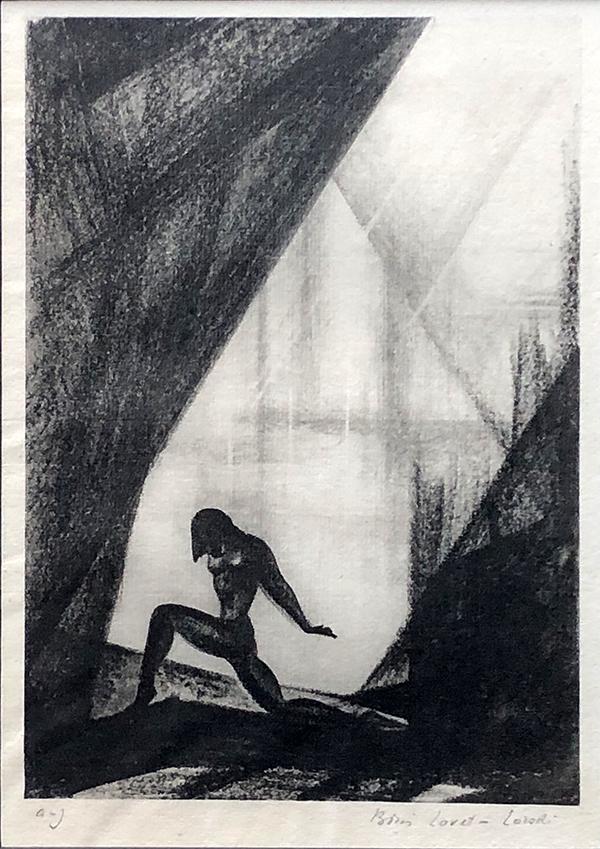 Boris Lovel Lorski (1894-1973): "Untitled (Woman Kneeling in Beam of Light)", 1929, Lithograph, 9.5" x 6.75", Framed. Abigail Furey Fine Art Prints and Drawings (Brighton, MA) label onf verso.