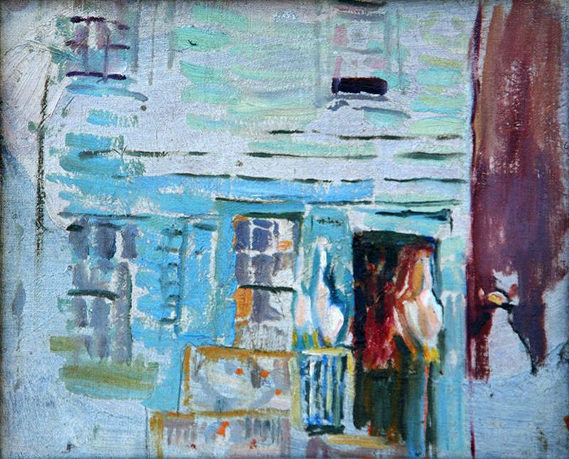 Joseph Sacks (1887-1974): "Entrance", Oil on Canvas Board, 8" x 9.75", Estate Stamp on Verso Lower Right, Framed. Janet Fleisher Gallery, Philadelphia stamp on verso.
