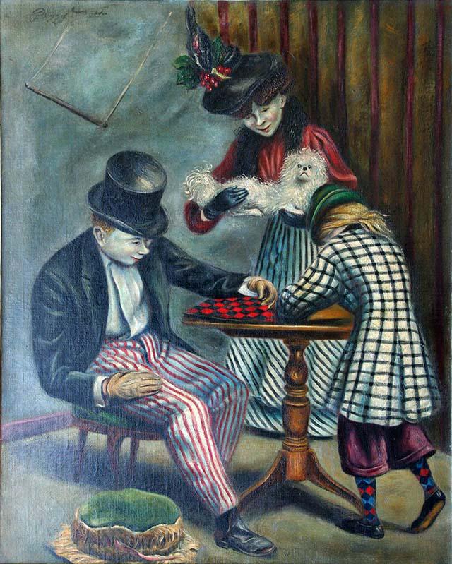 Peggy Dodds (1900-1987): "Game of Checkers between Circus Acts, c. 1955, Oil on Canvas, 40" x 32", Signed Upper Left, Framed.
