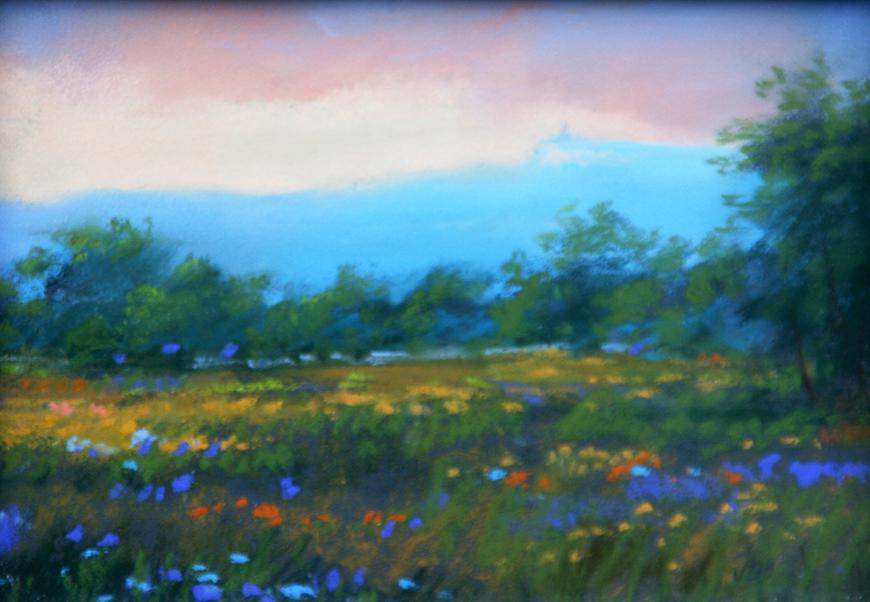 Jane Bloodgood Abrams (20th Century): "View of Mohonk with Goldenrod", c. 2000, Pastel on paper, 4.5" x 6.5", Signed Lower Right, Framed.