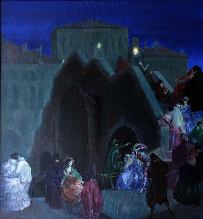 Agnes Tait (1984-1981): "Venetian Masquerade", c. 1940, Oil on Canvas, 33" x 31",Signed Lower Left, Framed.