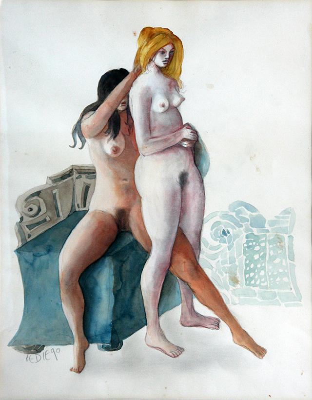 Julio de Diego (1900-1979): "Two Models", 1990, Watercolor on Paper, 17.5" x 14", Signed Lower Left, Framed.