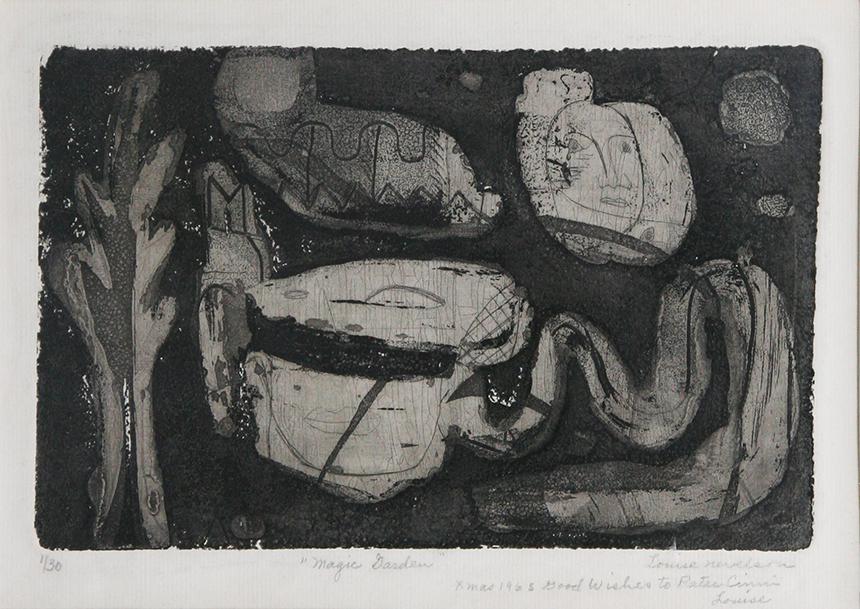 Louise Nevelson (1899-1988): "Magic Garden", 1955, Lithograph, 5.5" x 8.5", Signed Lower Right, Framed. Jo Aarond Gallery, Rhinbeck, NY, label on verso.