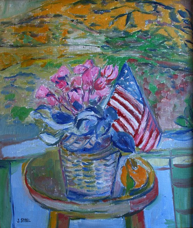 Jehudith Sobel (1924 - 2012): "Still-Life with American Flag", c. 2000, Oil on Canvas, 24" x 20", Signed Lower Left, Framed