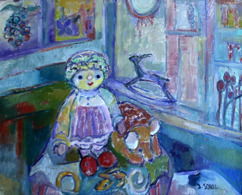 Jehudith Sobel (1924 - 2012): "Doll Still-Life", c. 2000, Oil on Canvas, 20" x 24", Signed Lower Right, Framed