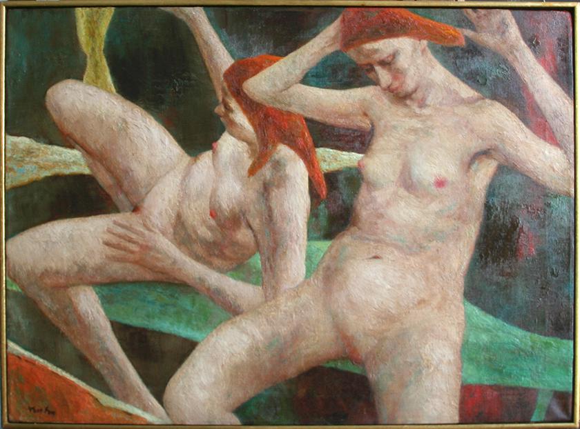 John Fenton (1912 - 1977): "Two Girls", c. 1970, Oil on Canvas, 22" x 30", Signed Lower Left, Framed, Note: "The Work of Art Gallery (Saugerties, NY)" label on verso