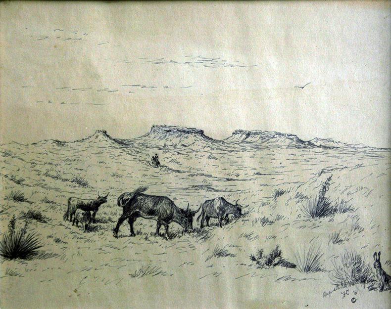 Augusta Isabella Corson Metcalfe (1881 - 1971): "Range Cattle", 1961, Ink on Paper, 10.5" x 13.5", Signed Lower Right, Framed