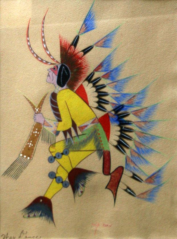 Woody Big Bow (Kiowa, 1914 - 1988): "War Dance", c. 1950 Gouache on Paper, 11.5" x 8.5", Signed Lower Center, Framed