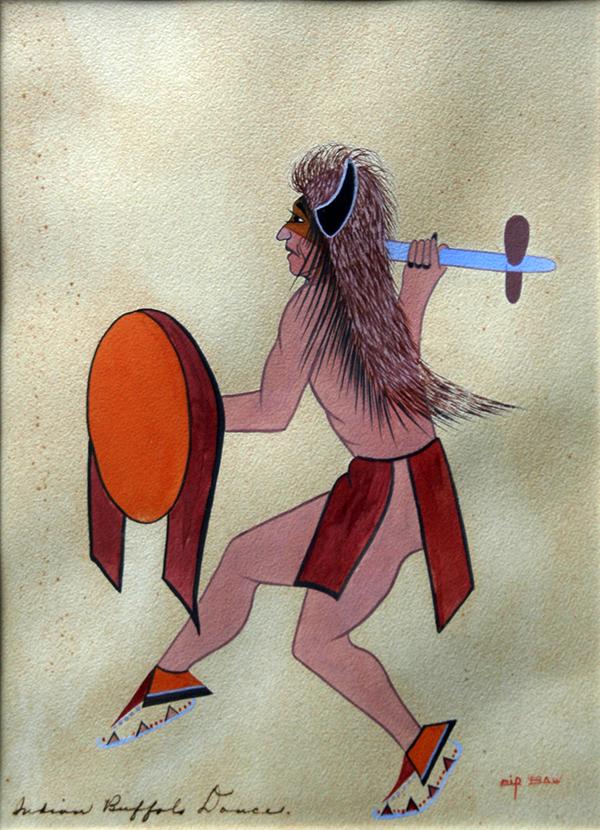 Woody Big Bow (Kiowa, 1914 - 1988): "Indian Buffalo Dancer", c. 1950, Gouache on Paper, 11.5" x 8.25", Signed Lower Right, Framed