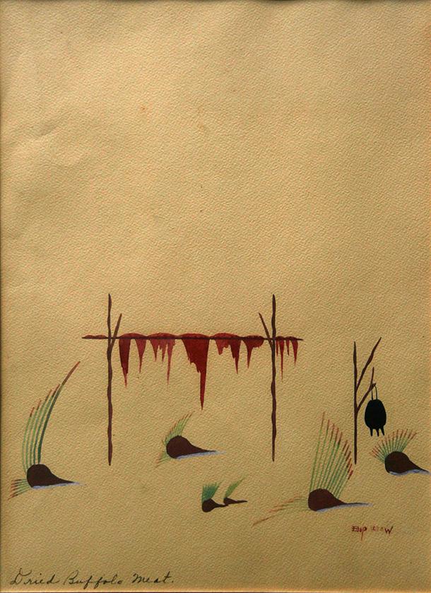 Woody Big Bow (Kiowa, 1914 - 1988): "Dried Buffalo Meat", c. 1950, Gouache on Paper, 11.5" x 8.25", Signed Lower Right, Framed