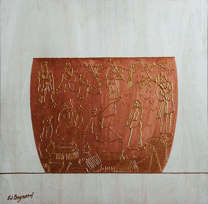 Ed Baynard (1940-2016): My China, 2013, Acrylic on Birch Panel with Raised Pigment, 16" x 16", Signed Lower Right and On Verso, Unframed.tate of Ed Baynard.