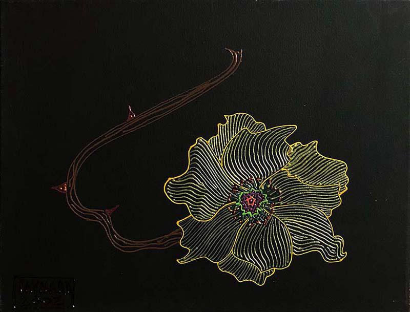 Ed Baynard (1940-2016): Flower, 2002, Raised Acrylic Pigment on Black Canvas, 14" x 18", Unframed. Estate of Ed Baynard.