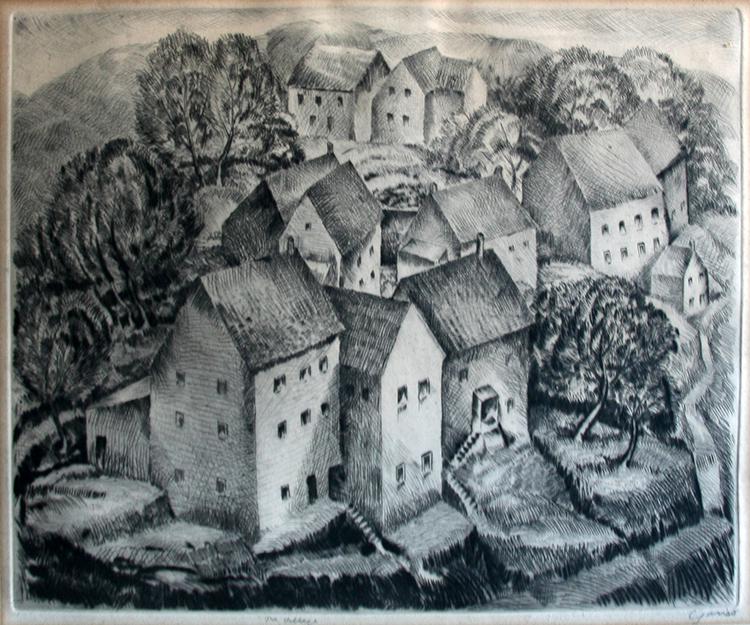 Emil Ganso (1920-1941): The Village, c. 1920, Drypoint Etching, 10.5" x 14", Signed Lower Right, Unframed. Note: Mat burn 1/2 " from image.