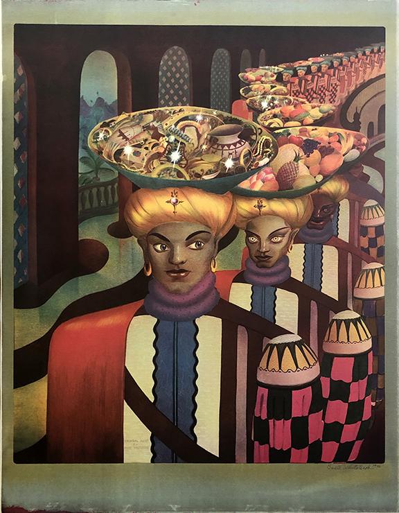 Buell Whitehead (1919-1993): "Servants Balancing Gifts", 1946, Color Lithograph, 24" x 20.5", Signed Lower Right. Note: "Original print by Buell Whtehead" in plate.