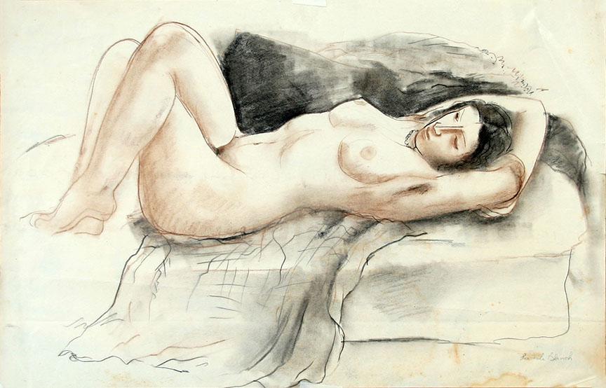 Lucille Blanch (1895-1981): "Reclining Nude", c. 1920, Conte and Charcoal on Paper, 14" x 21", Signed Lower Right.