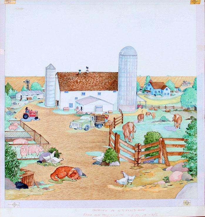 John Wallner (b. 1945): "Farm Yard Scene", c. 1990, Watercolor on Paper, 19" x 18", Unsigned. Note: Illustration for children's book "Read & Tell", page 19.