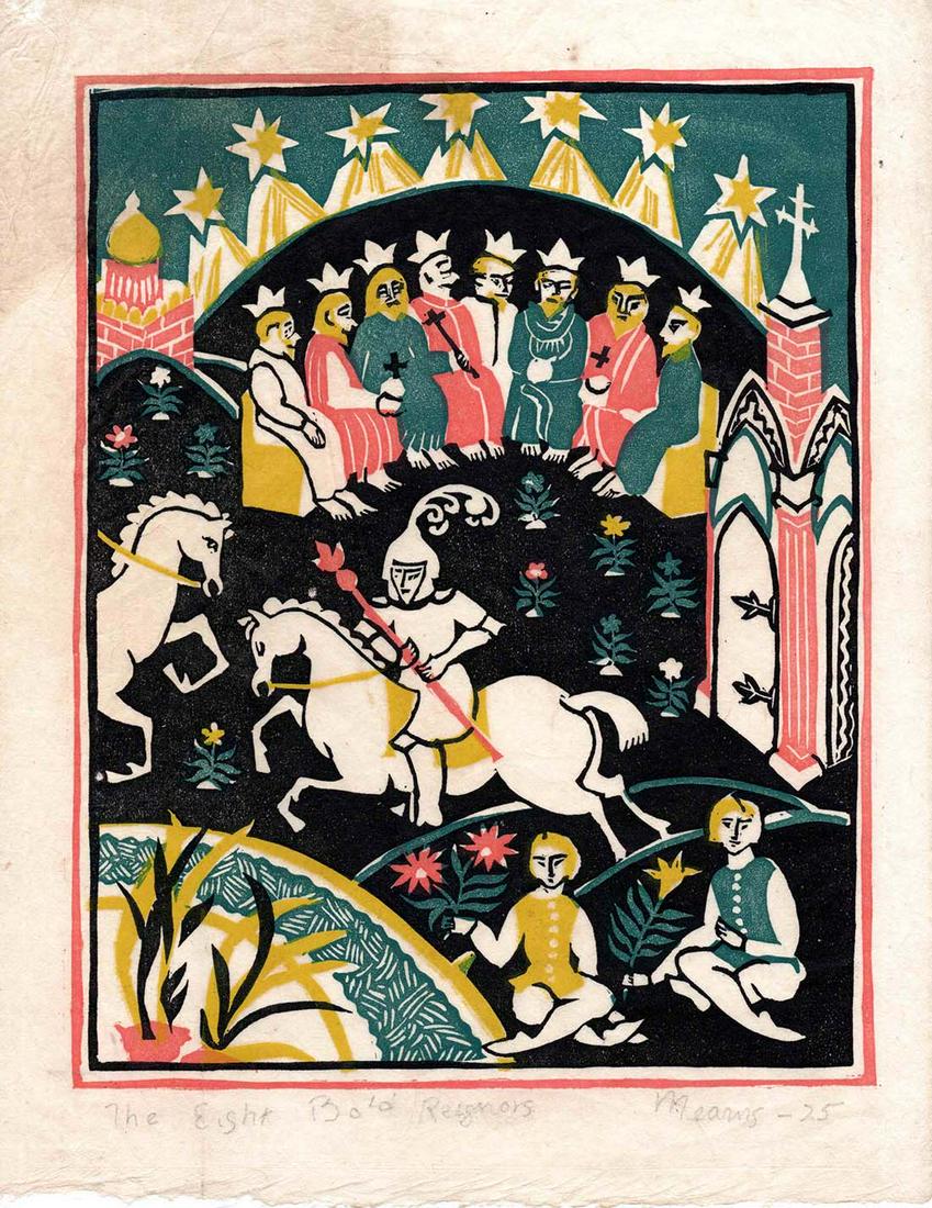 Petra Mearns (1907-2006): "Eight Bold Reignors" 1925, Woodblock Print, 11" x 8.5", Signed Lower Right. Note: Original tip on, "Hue & Cry", 1925.
