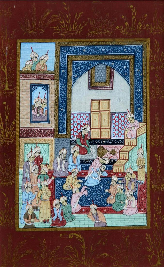 Unknown Persian: Persian Miniature Court Scene, 20th Century, Tempera and Metallic Paint, 8" x 5", Framed.