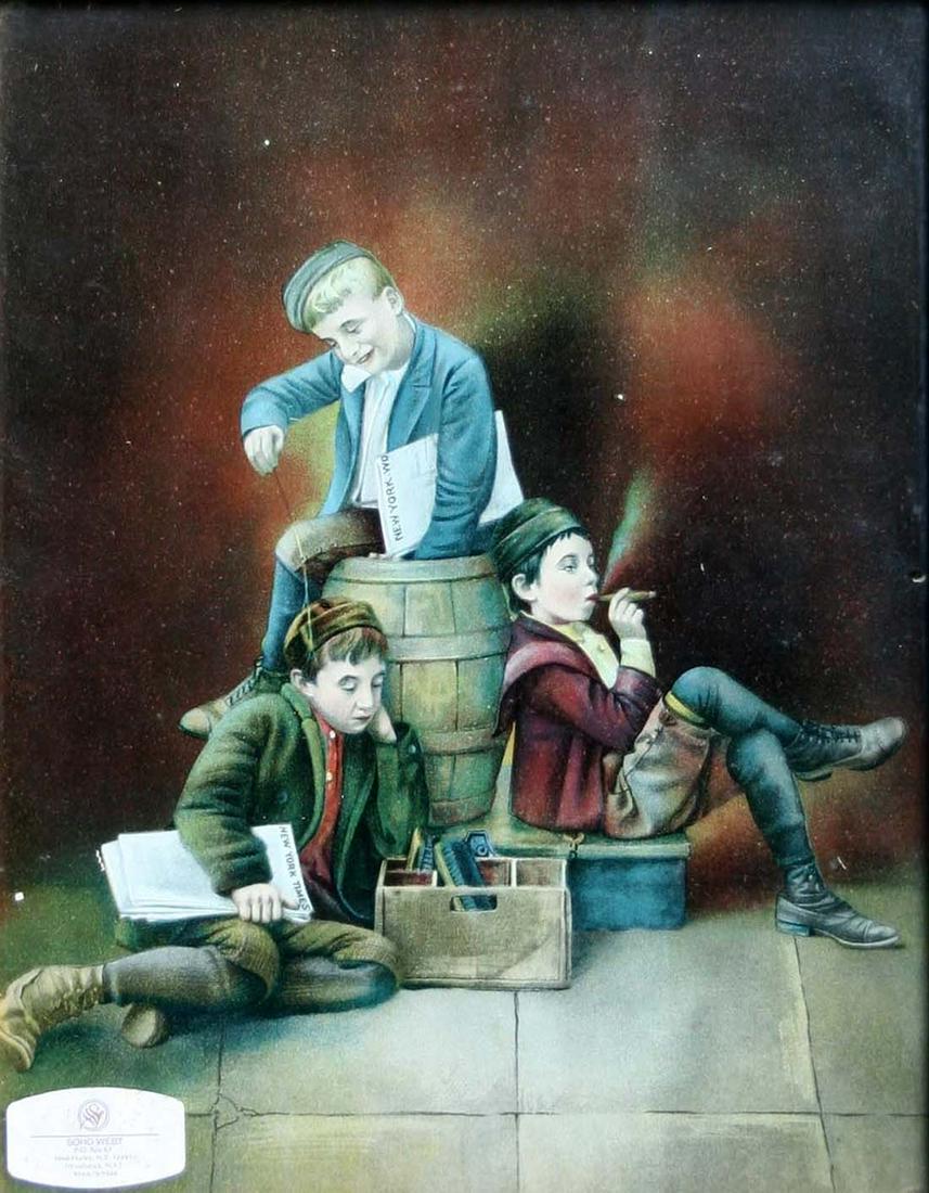 Unknown: "Contentment" (Newsboys relaxing) c. 1900, Chromo Lithograph, 14" x 11", Unsigned. Note: Frame available.