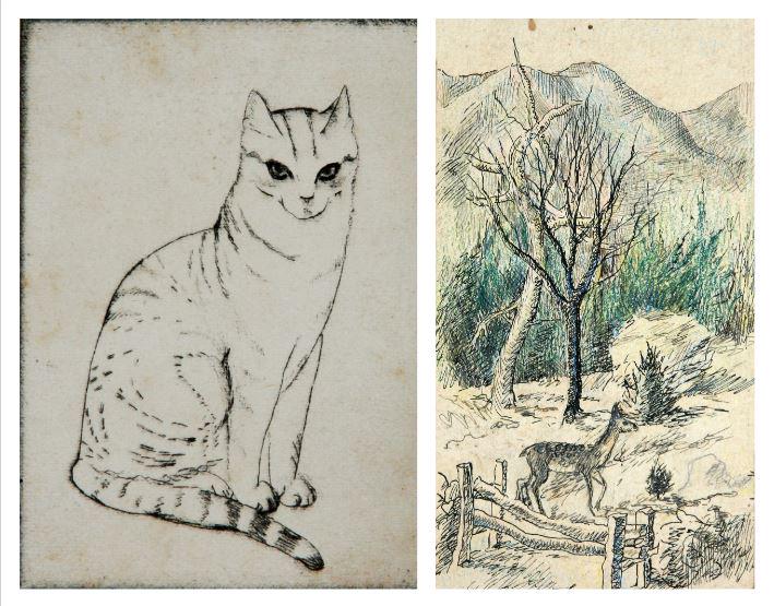 Rosella Hartman (1895-1993): Lot of Two: A. "A Knowing Look", 1928, Etching, 3.75" x 2.75", Signed Lower Right. B. "Deer in Winter", 20th Century, Ink and Crayon on Paper, 6.5" x 3.5", Signed on Verso.