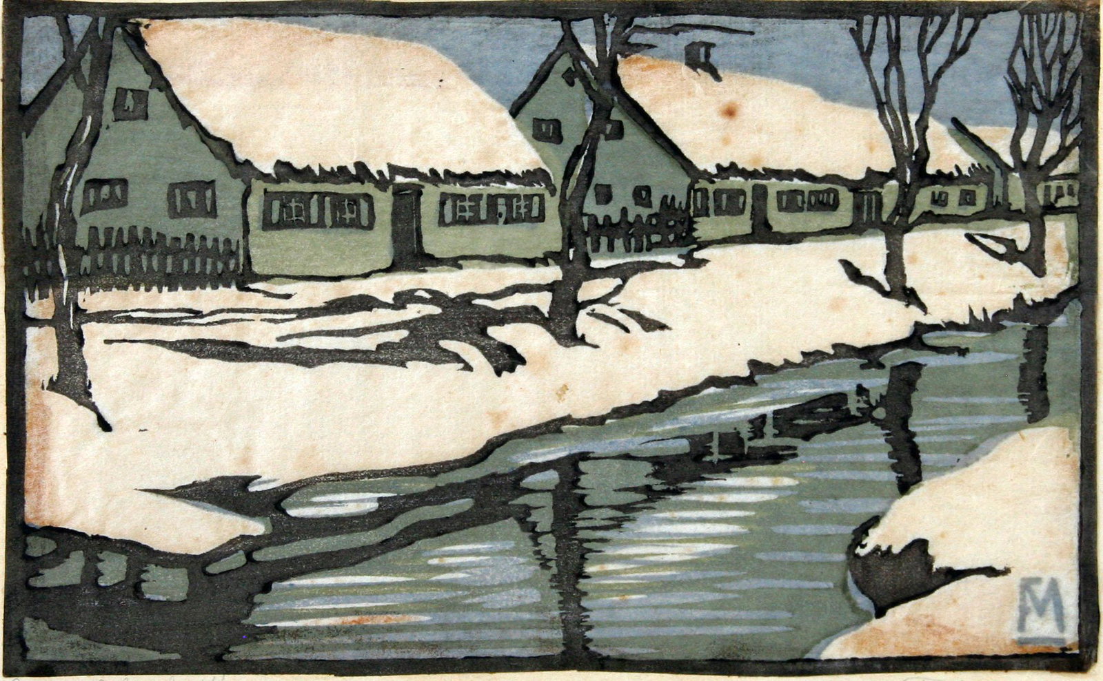 Ferdinand von Mirwald (1872-1948): "Winter in Dachau", Mid-20th Century, Woodblock Print, 5.5" x 9", Signed Lower Right (indistinctly) Artist's Monogram Lower Right.