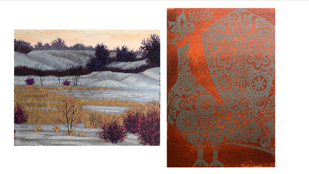 Gordon Mortensen (b. 1938) Joseph Domjan (1907-1992): Lot of Two: A."Winter Marsh", 1991, Reduction Woodcut, 8" x 10", Signed Lower Right. B. Joseph Donjan, 1961, "The Peacock", 13.5" x 9, Signed Lower Right, Edition 108/150.