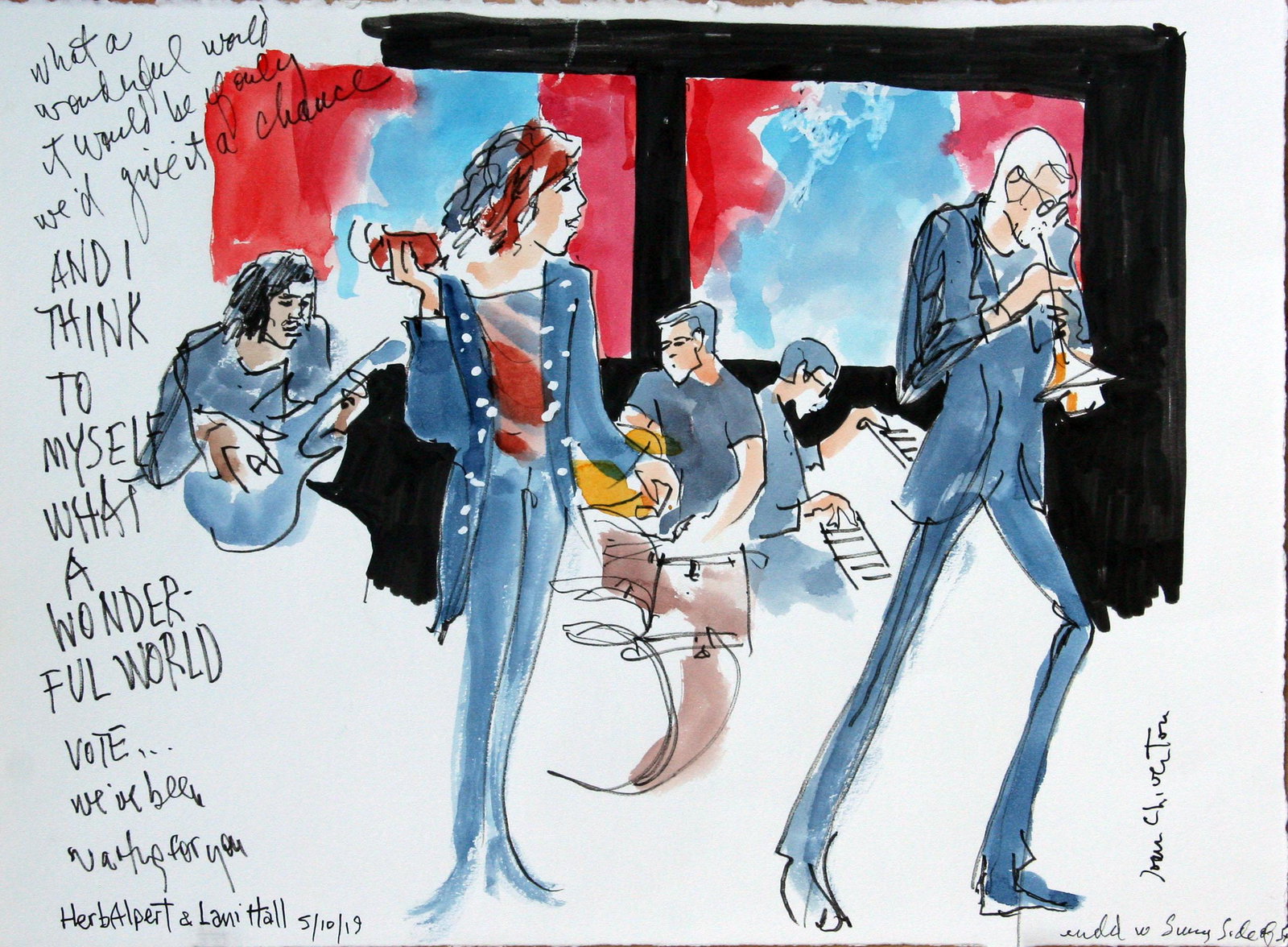 Joan Chiverton (20th Century): "Herb Alpert and Lani Hall", May 10, 2019, Ink and Watercolor on Paper, 11" x 15", Signed Lower Right. Note: Artist's inscribed lyrics on left.