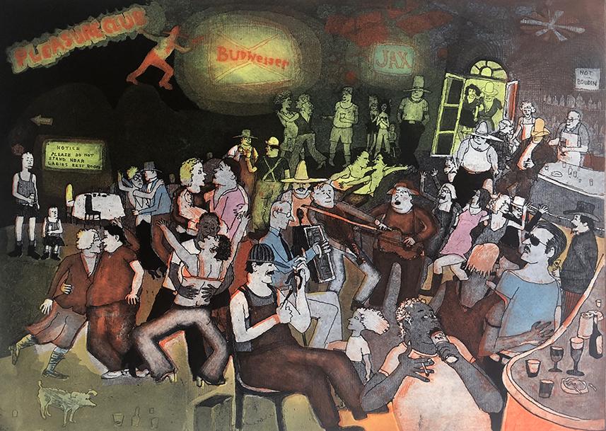 Warrington Colescott (1921-2018): "Family Night at Fred's Pleasrue Club", 1997, Color Etching, 14.75" c 19", Signed Lower Right, Edition 10/150. Note: Minor creasing three corners.The Print Club of Albany annual print for 1996-1997.