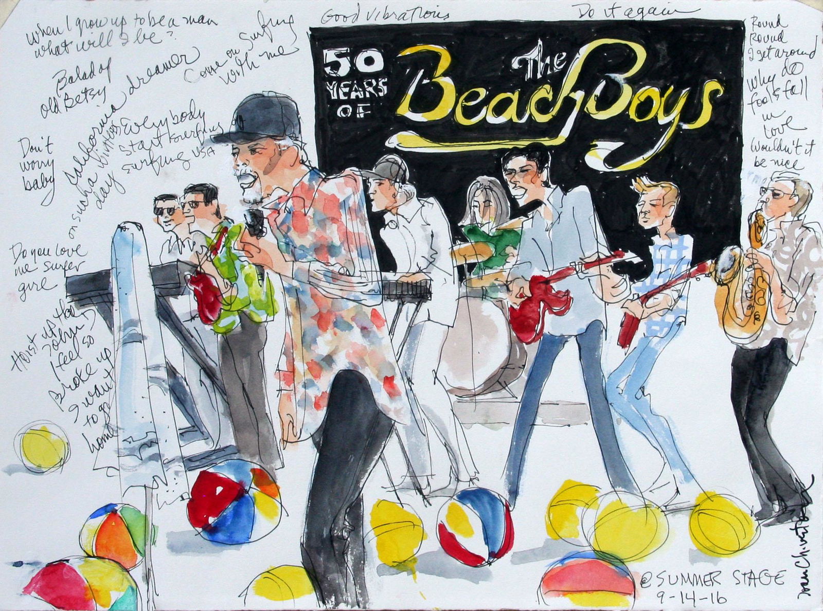 Joan Chiverton (20th Century): "Beach Boys 50th Anniversary Concert", September, 14, 2016, Ink and Watercolor on Paper, 11" x 15", Signed Lower Right. Note: Summer stage performance. Song lyrics inscribed overall.