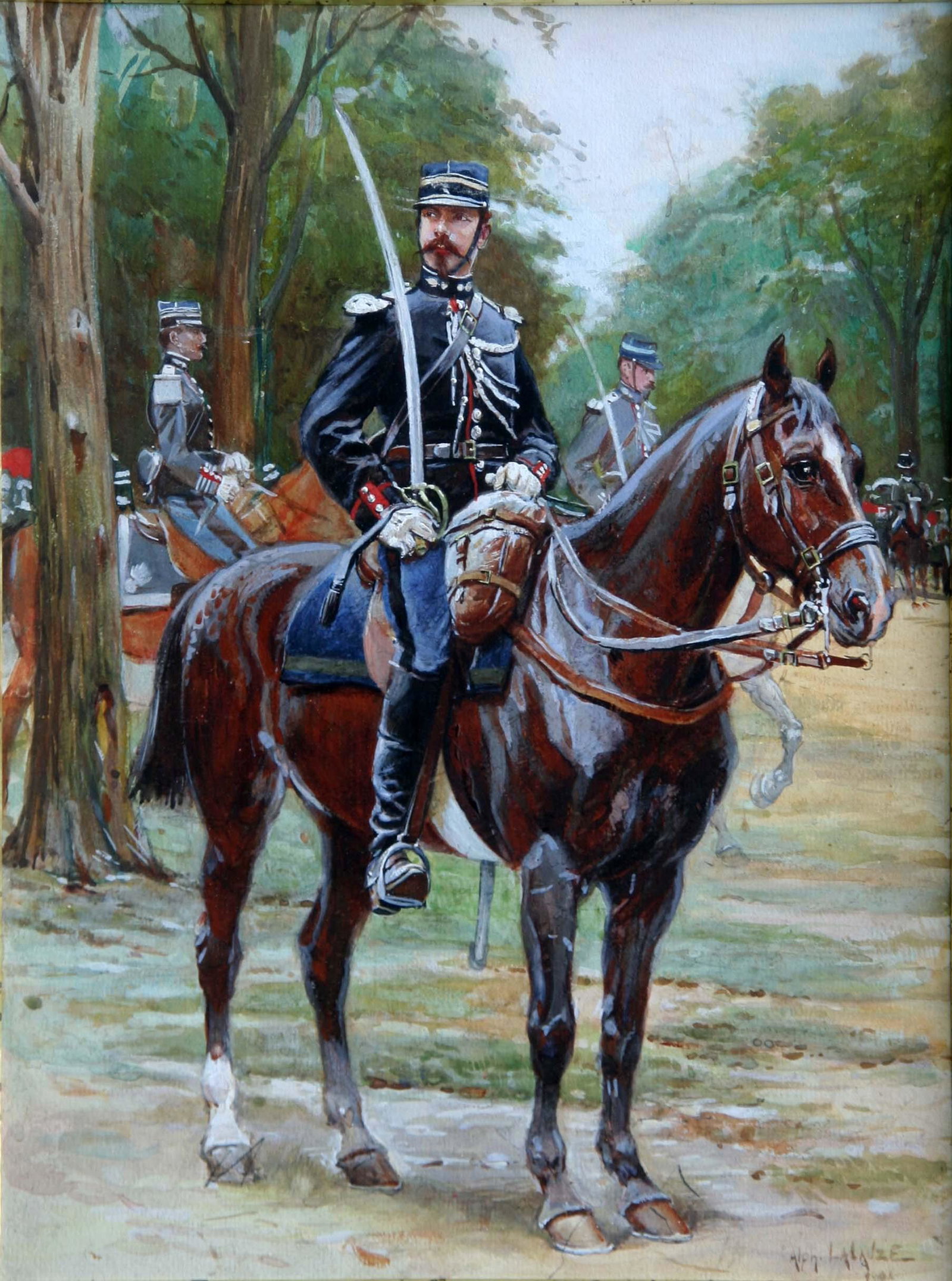 Alphonse Lalauze (1872 - 1941): "Mounted Cavalry Officer", c. 1901, Gouache on Paper, 13" x 10", Signed Lower Right.