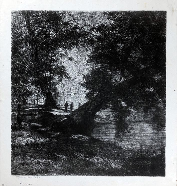 Bolton Brown (1864-1936): "Picnic", c. 1930, Lithograph, 9.5" x 8.5", Signed Lower left.`