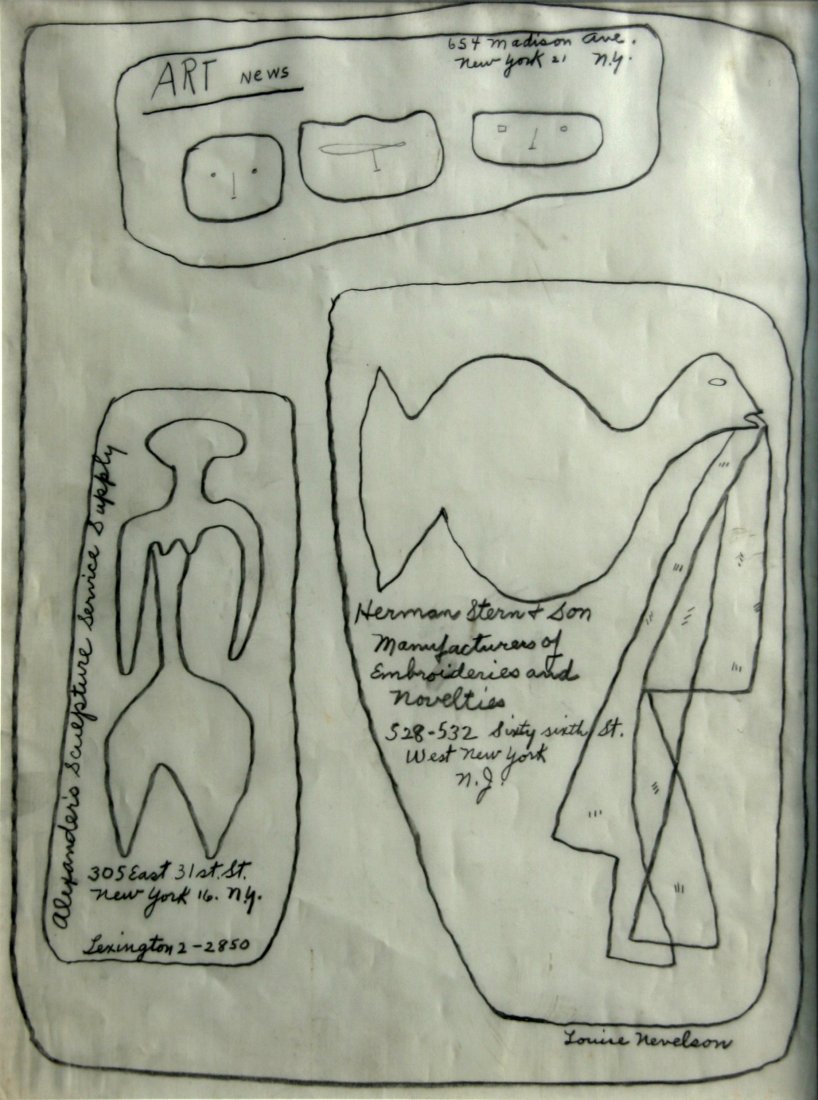 Louise Nevelson (1899 - 1988): "Artist's Equity & Art News Promotion", c. 1954, Graphite on Paper, 12" x 9", Signed Lower Right. Framed.Note: Original graphite on paper art for "Improvisations" 1954: Artist's Equity Masquerade Ball