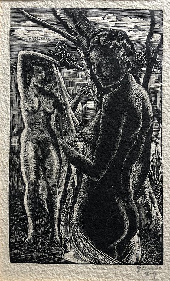 Emil Ganso (1895-1941): "The Bathers", 1951, Wood Engraving, 7.5" x 4.5", Signe Lower Right. Note: "A wood engraving by Emil Ganso is the 39th presentation print in a limited edition exclusively for the Woodcut Society.