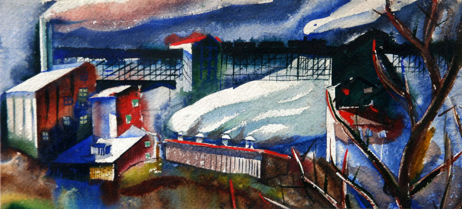 Herman Roth (20th Century): "Industrial Scene", 20th Century, Watercolor on Paper, 6" x 13.5", Unsigned.