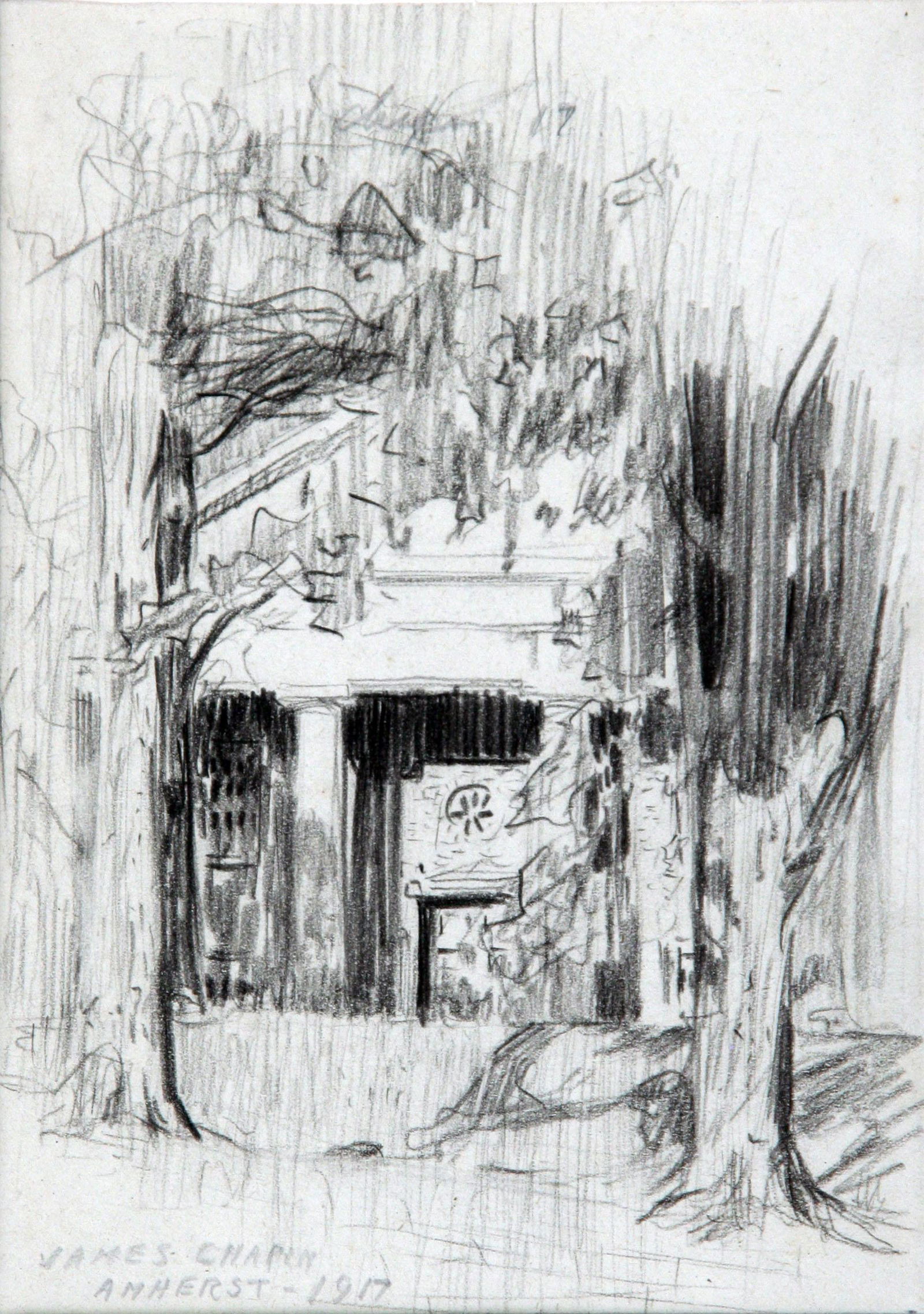 James Chapin (1887-1974): "Building Entrance, Amerherst College", 1914, Charcoal on Paper, 7" x 5", Signed Lower Lert. Note: Chapin began and lifelong friendship with Robert Frost at Amherst.