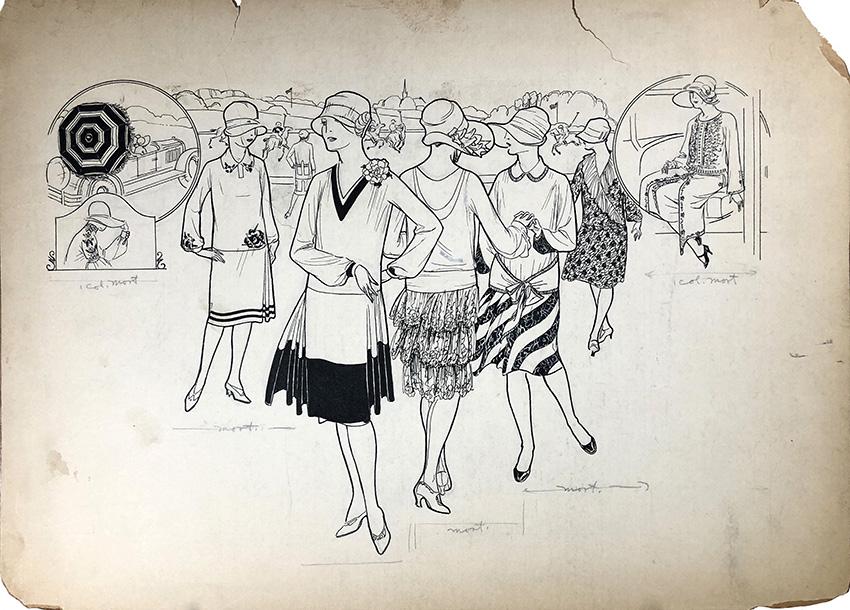 Unknown: "Fashions at a Polo Match", c. 1925, Ink on Illustration Board, 10" x 14", Unsigned. Note: Includes tear sheet from Toledo News-Bee.