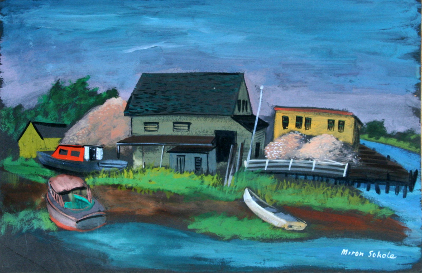 Miron Sokole (1901-1985): "Moored Boats", 20th Century, Gouache on Black Paper, 13" x 20", Signed Lower Right.