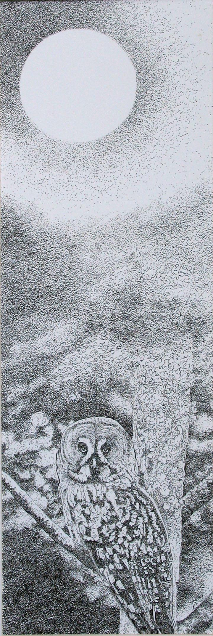 Marty Carey (b. 1938): "Owl", From the "Full Moon" Series, c. 2005, Ink on Paper, 21" x 17", Signed Lower Right.