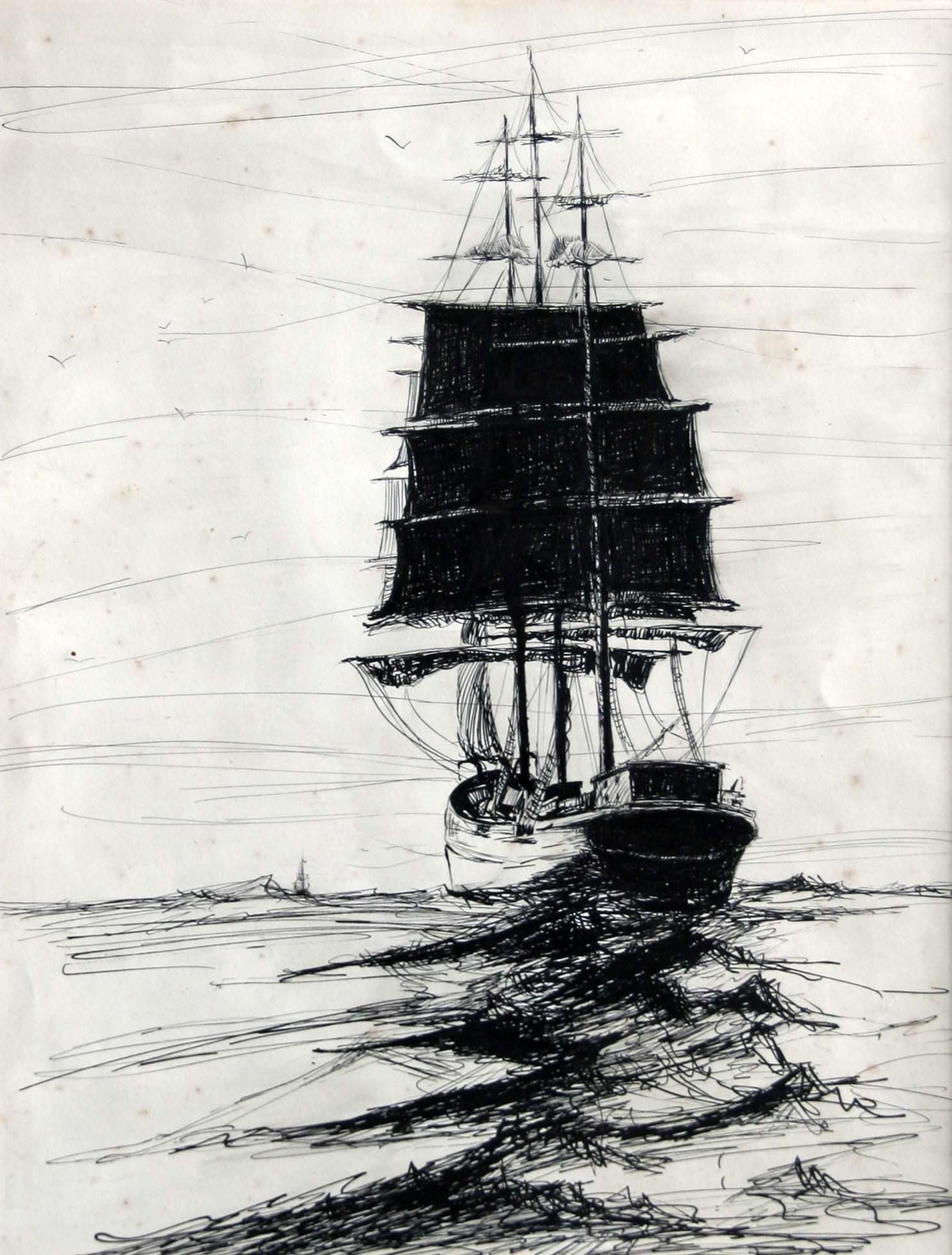 Emile Gruppe (1896-1978): "Three Masted Ship", 20th Century, Ink on Paper, 17" x 13", Signed Lower Right.