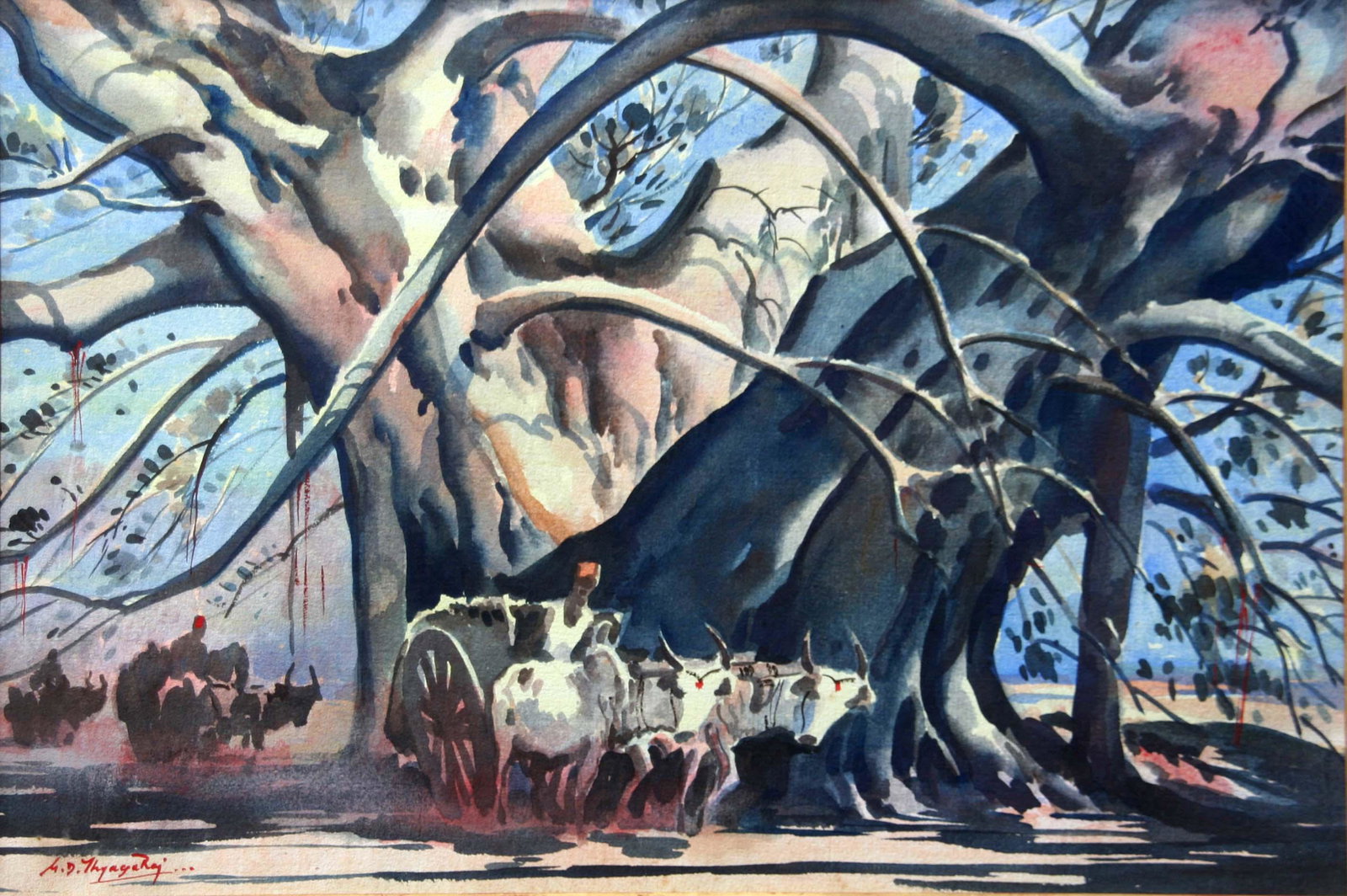 G.D. Thyaga Raj (b.1930): "Ox Cart Driver Under Banyon Tree", n.a., Watercolor on Paper, 15" x 22" Signed Lower Left. Note: Kennedy Galleries label on verso.