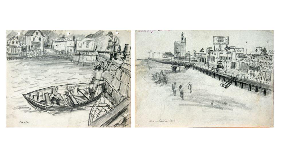 Miron Sokole (1901-1985): Lot of Two: A. "Boardwalk, Coney Island" B."Fisherman and Dog", 1938 (both) Graphite on Paper (both) 8" x 11" (both). Note: Three notebook holes, top edge.