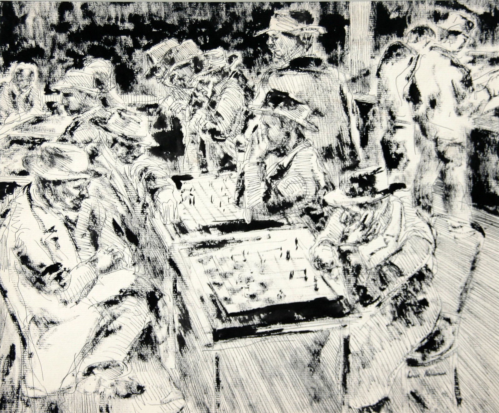 Louis Wolchonok (1898-1973): "Chess Players", c. 1930, Ink on Paper, 11.5" x 13.75", Signed Lower Right.