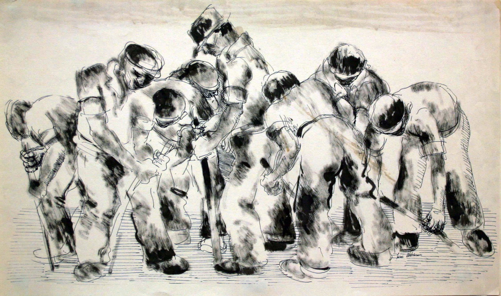 Louis Wolchonok (1898-1973): "Men Working", c. 1930, Mural Study, Ink on Paper, 12.75" x 21.5", Signed Lower Right.